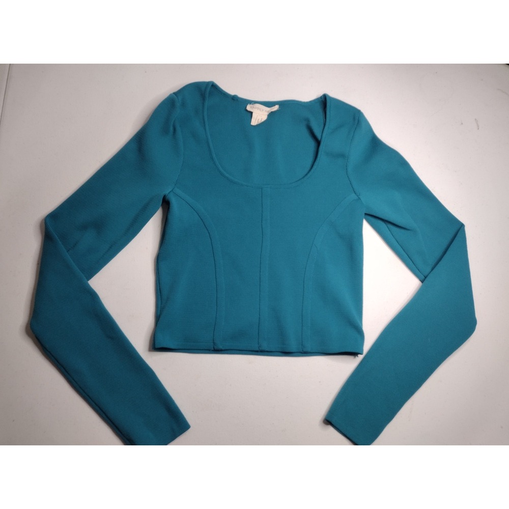 Happily Grey Teal Long Sleeve‎ Scoop Neck Cropped Top Women's Large